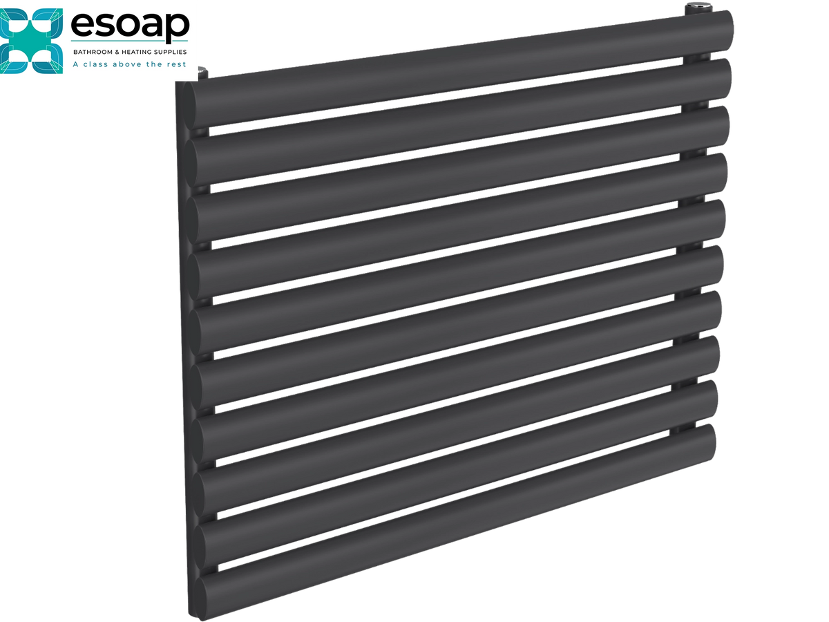 A dark gray wall-mounted radiator with horizontal bars, shown at an angle on a white background with the esoap brand logo in the top-left corner Reina Nevah Single 590x800 Anthracite Designer Radiator