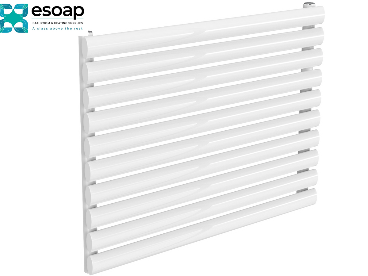 White slatted towel radiator with multiple horizontal bars, shown at an angle on a white background with the Esoap logo in the top-left corner Reina Nevah Single 590x800 White Designer Radiator