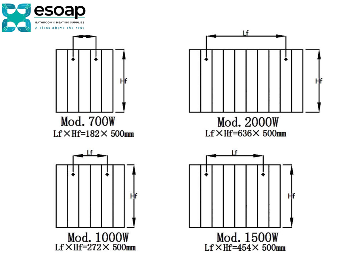 A technical specification chart from Esoap showing four rectangular panel diagrams with labeled dimensions and power ratings: 700W, 2000W, 1000W, and 1500W. The Esoap logo appears in the top-left corner on a white background. Reina Nika Horizontal Anthracite Designer Radiator