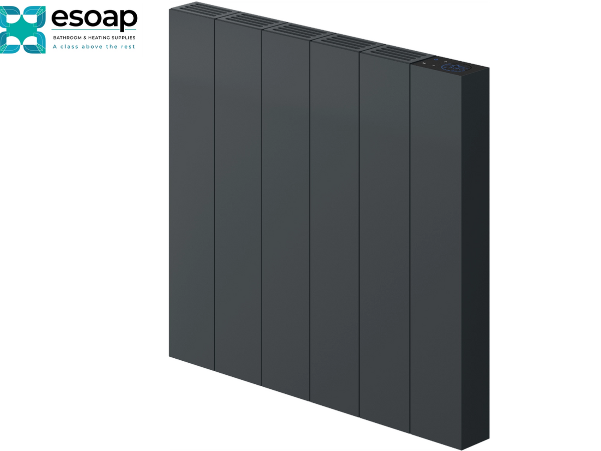A dark gray panel heater shown at an angle on a white background, with the Esoap logo in the top-left corner. Reina Nika Horizontal 500x544 Anthracite Designer Radiator