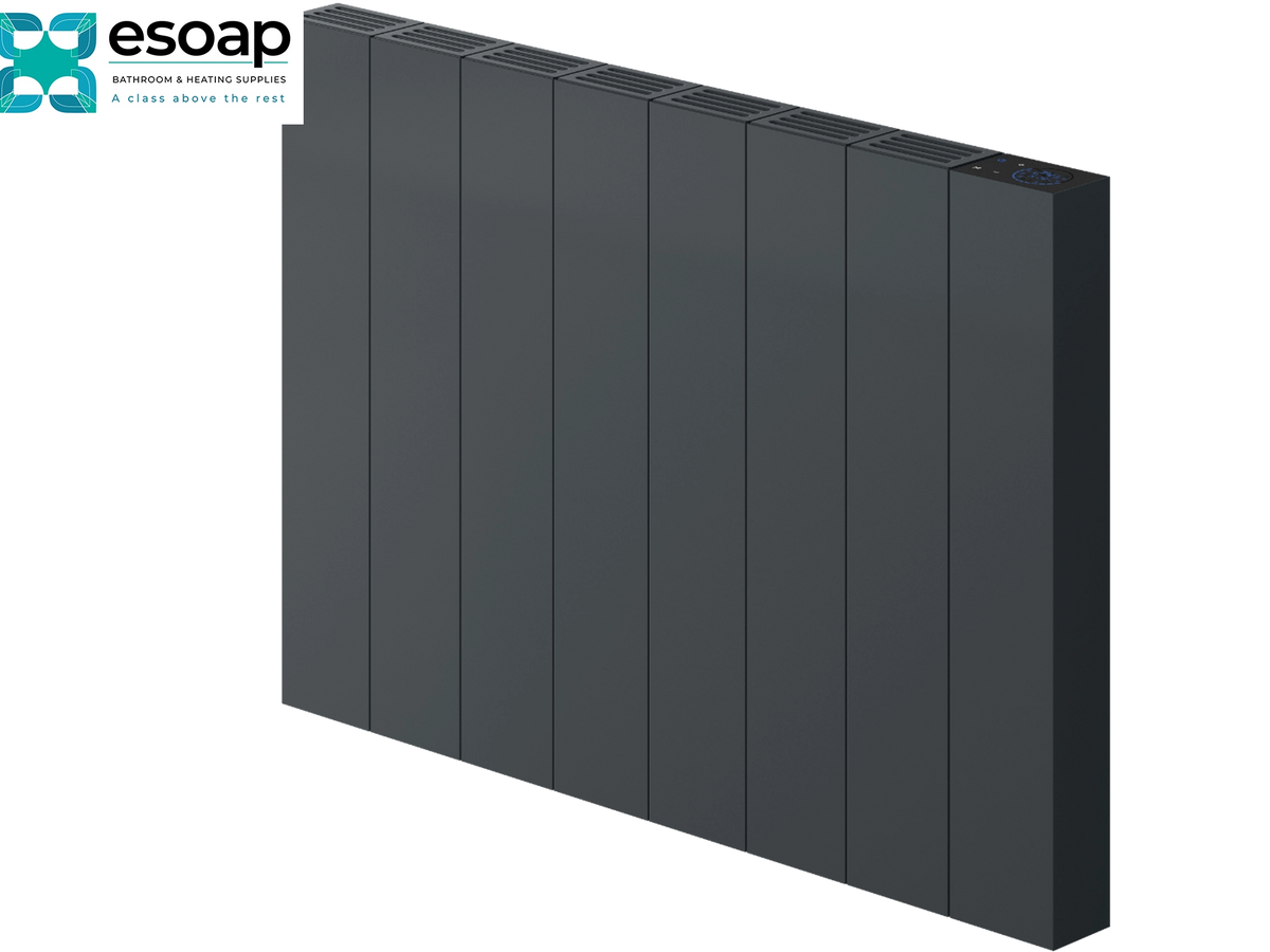 A modern multi-panel electric radiant heater in dark gray, shown at an angle on a white background with an Esoap logo in the top-left corner. Reina Nika Horizontal 500x725 Anthracite Designer Radiator