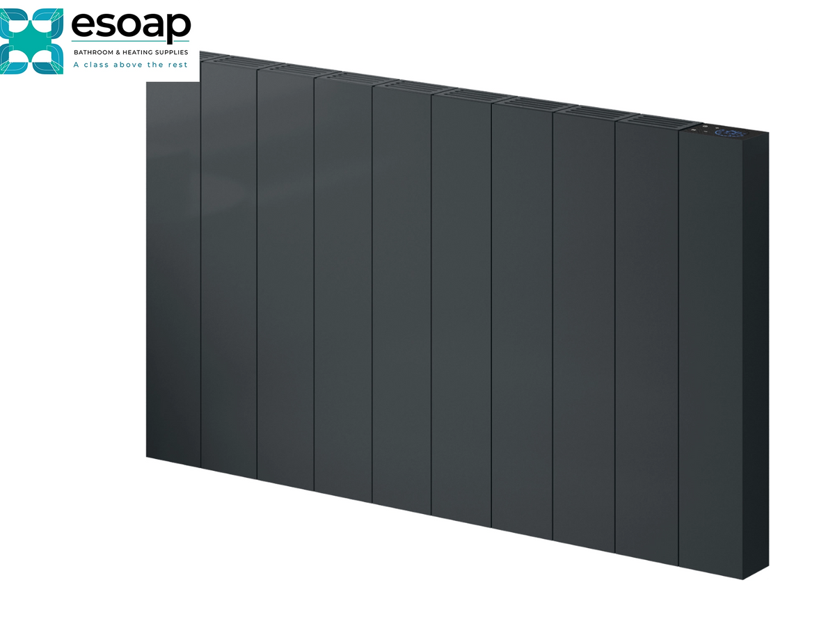 A dark gray panel heating radiators shown at an angle on a white background, with the Esoap logo in the top-left corner. Reina Nika Horizontal 500x907 Anthracite Designer Radiator