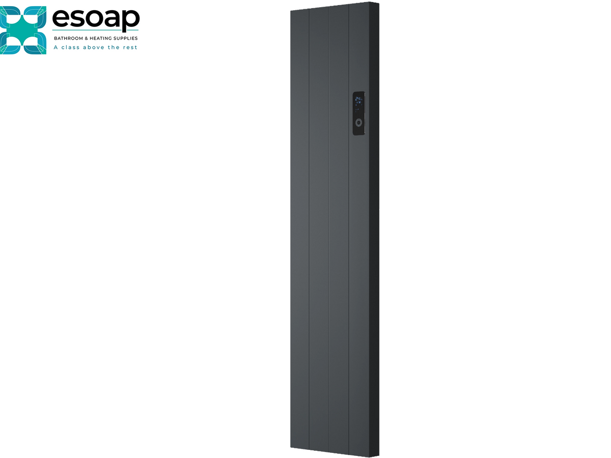 A tall, narrow dark gray vertical panel with a small black digital display and control buttons on the upper right side, shown on a plain white background. The logo 'esoap' appears in the top-left corner. Reina Nika Vertical 1600x362 Anthracite Designer Radiator