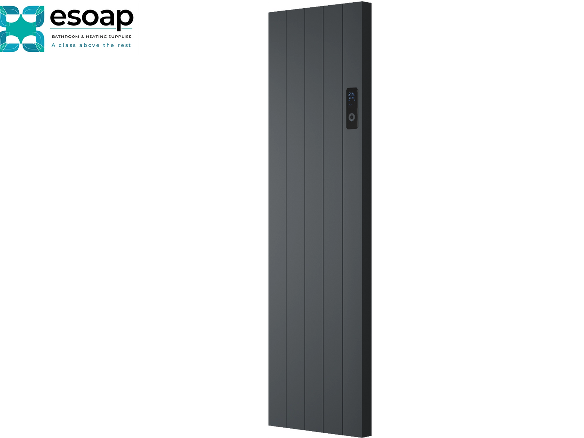 A tall, narrow dark gray panel heater with a digital control display on the upper right side, shown against a plain white background with the Esoap brand logo in the top-left corner. Reina Nika Vertical 1600x453 Anthracite Designer Radiator