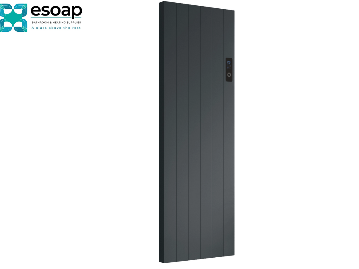 A tall, dark charcoal gray paneled door with a small vertical electronic lock on the right side, shown on a plain white background with the Esoap logo in the top-left corner. Reina Nika Vertical 1600x544 Anthracite Designer Radiator