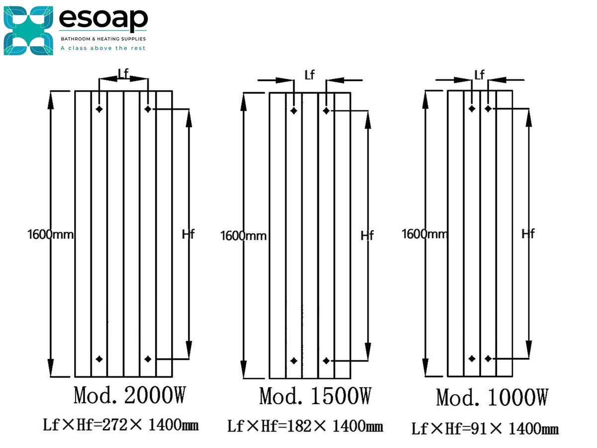 A technical dimension diagram from essoap showing three rectangular panel configurations labeled Mod. 2000W, Mod. Reina Nika Vertical Anthracite Designer Radiator
