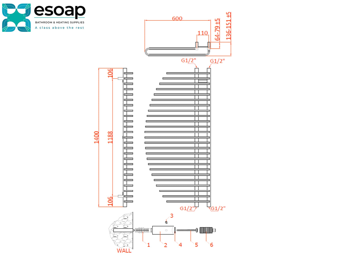 Technical dimension diagram of a wall-mounted radiator fin assembly, showing front, side, and cross-sectional views with measurements and labels on a white background. The Esoap logo appears in the top left. Reina Nika Anthracite Designer Radiator
