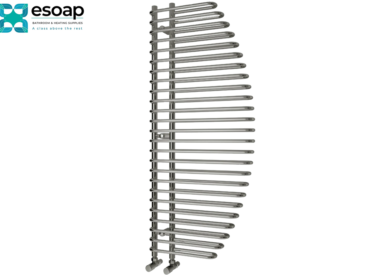 A curved, multi-bar radiator towel rail in a brushed silver/chrome finish, shown against a plain white background with the esoap brand logo in the top-left corner Reina Nola 1400x600 Chrome Designer Radiator