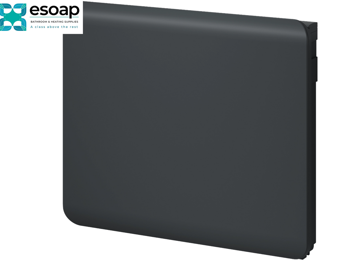 A dark gray rectangular panel or cover with rounded corners and a small protruding tab on the right edge, shown on a plain white background. An Esoap logo appears in the top-left corner Reina Odet 500x600 Anthracite Designer Radiator