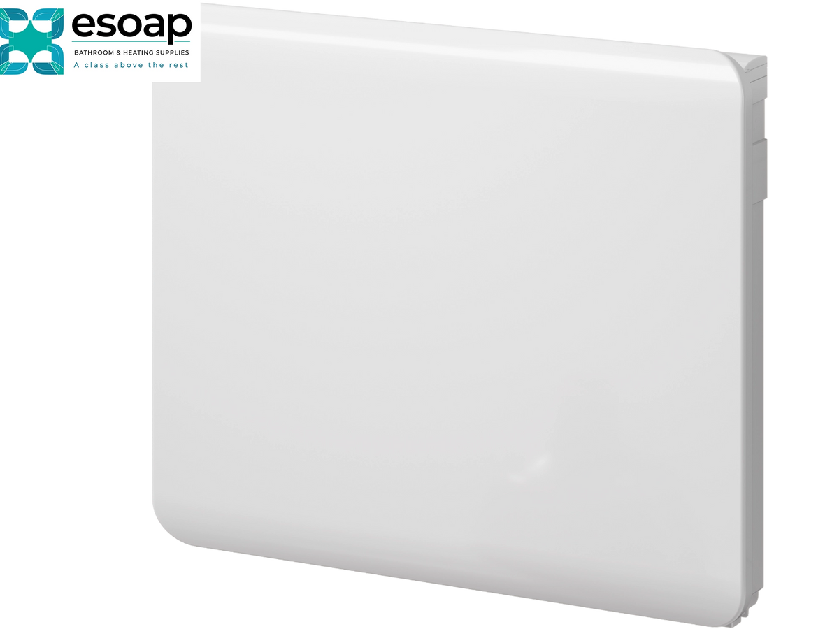 A white rectangular wall-mounted panel or cover with rounded corners, shown at a slight angle on a white background. A small Esoap logo appears in the top-left corner Reina Odet 500x600 White Designer Radiator