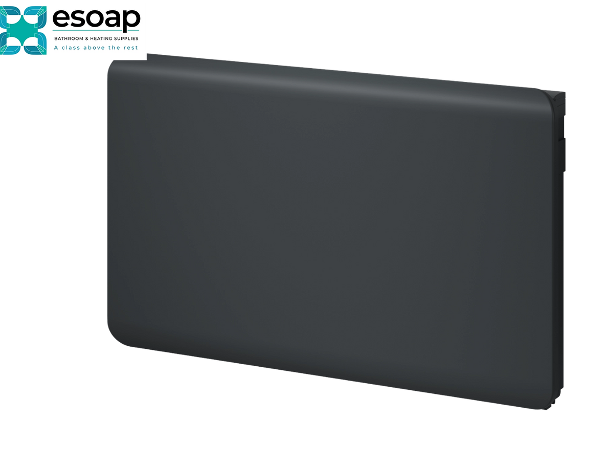 A dark gray rectangular electronic device with rounded corners, shown at an angle on a white background with the esoap logo in the top-left corner Reina Odet 500x820 Anthracite Designer Radiator