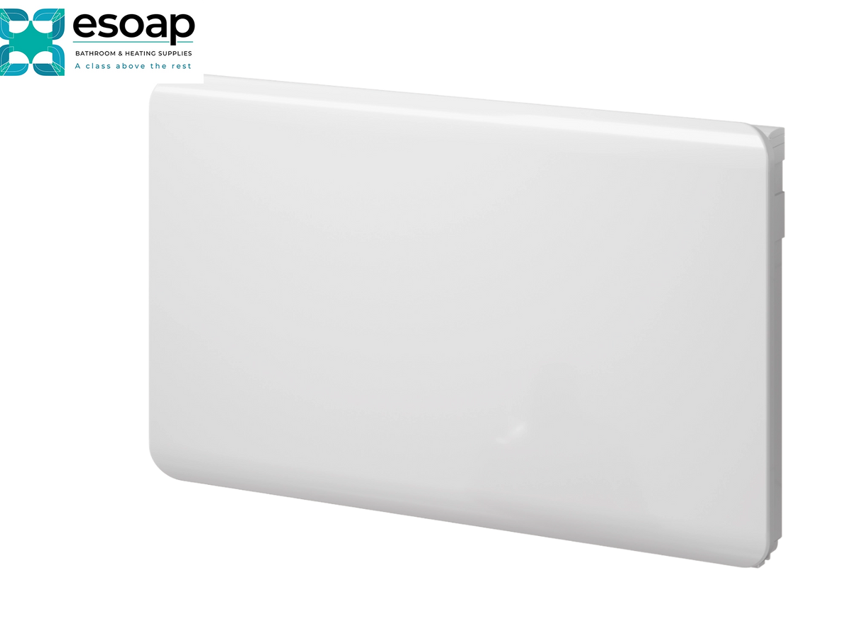 A white rectangular panel with rounded corners, shown at an angle on a white background. The logo for esoap is visible in the top-left corner Reina Odet 500x820 White Designer Radiator