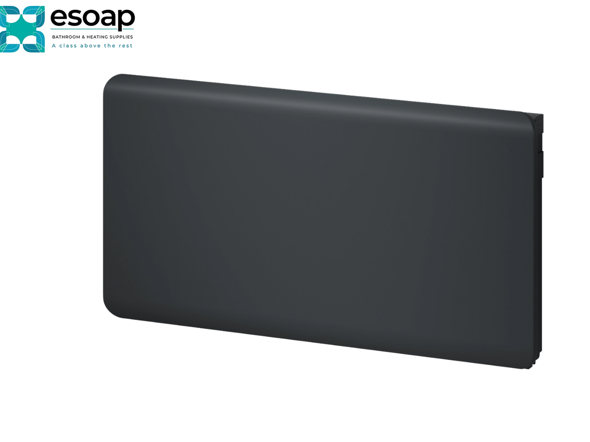 A dark gray rectangular panel or cover with rounded corners, shown at an angle on a white background. The logo for esoap is visible in the top-left corner Reina Odet 500x990 Anthracite Designer Radiator