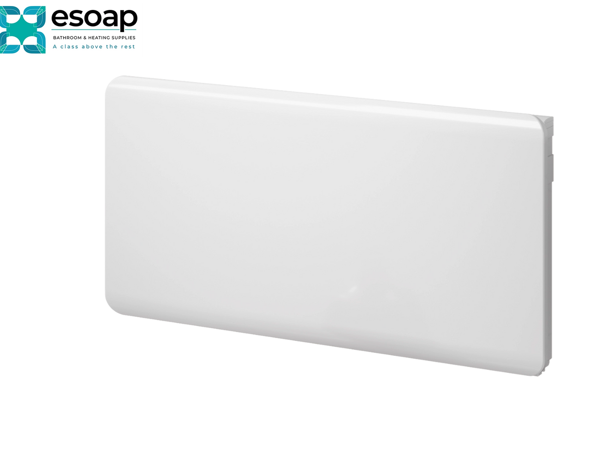 A white rectangular wall-mounted radiator with rounded corners, shown at an angle on a white background with the esoap logo in the top-left corner Reina Odet 500x990 White Designer Radiator
