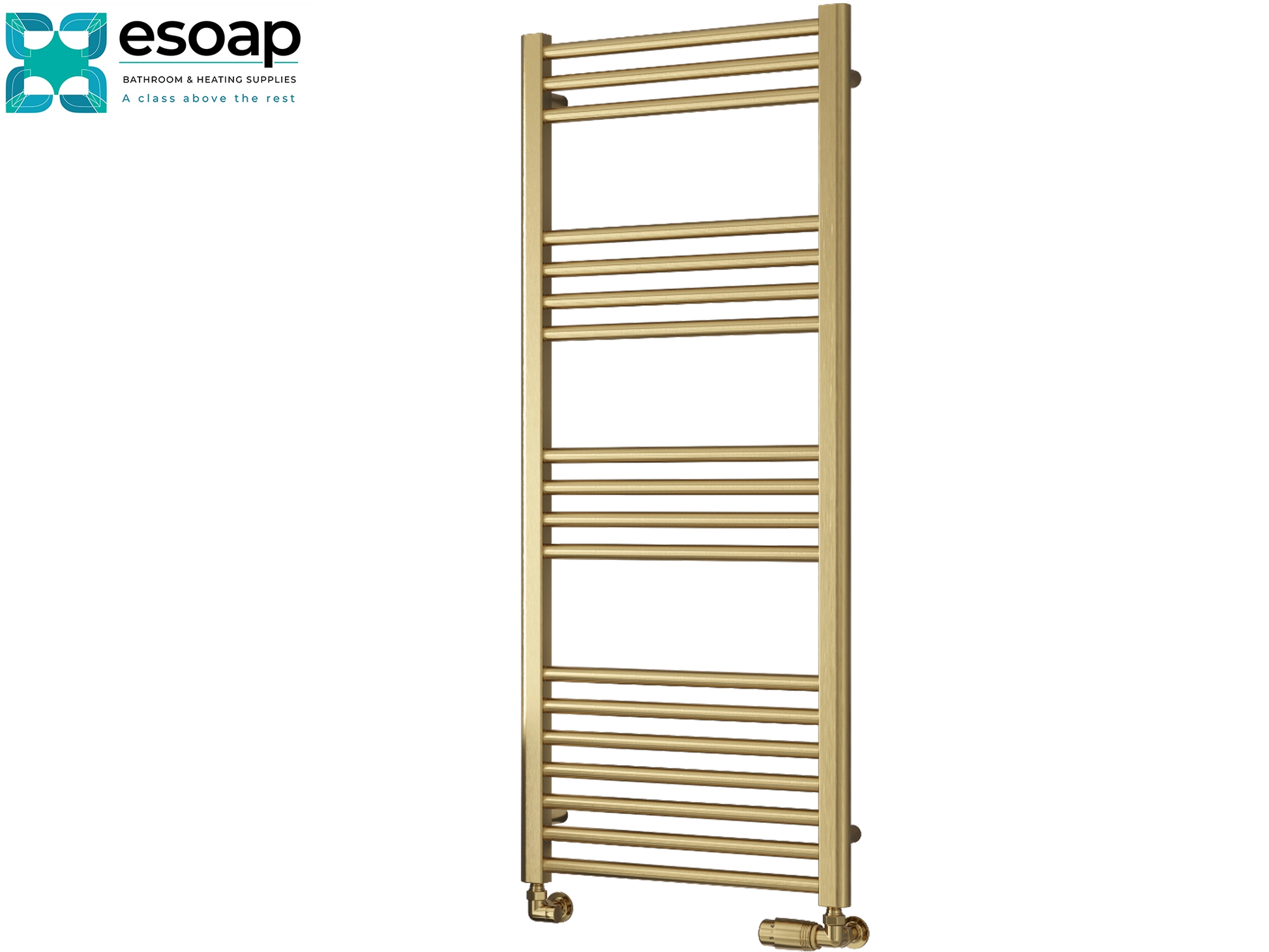 Ottone brushed brass towel radiator 1200 on a white background with 'esoap' branding.