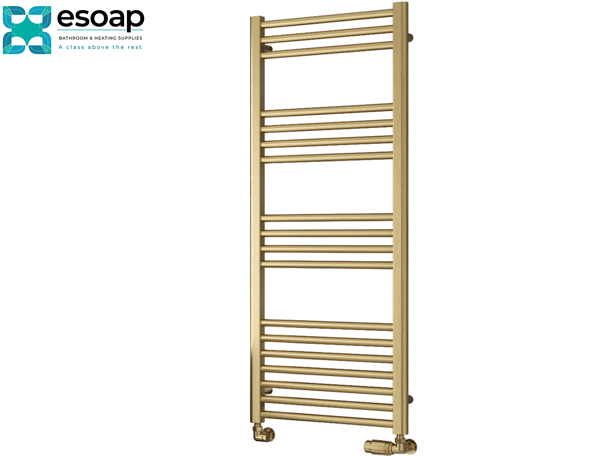 Ottone brushed brass towel radiator 1200 on a white background with 'esoap' branding.