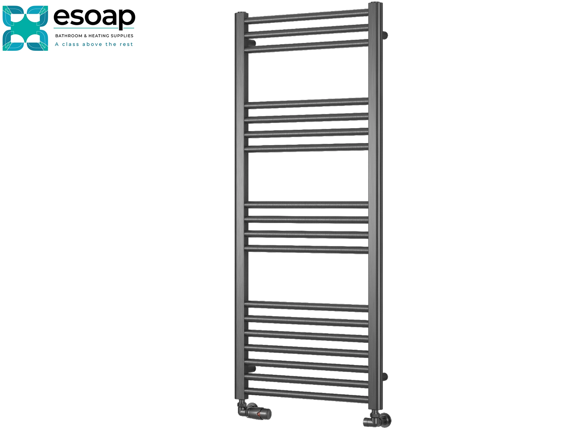 Ottone Gun Metal Towel radiator 1200  with esoap branding on a white background