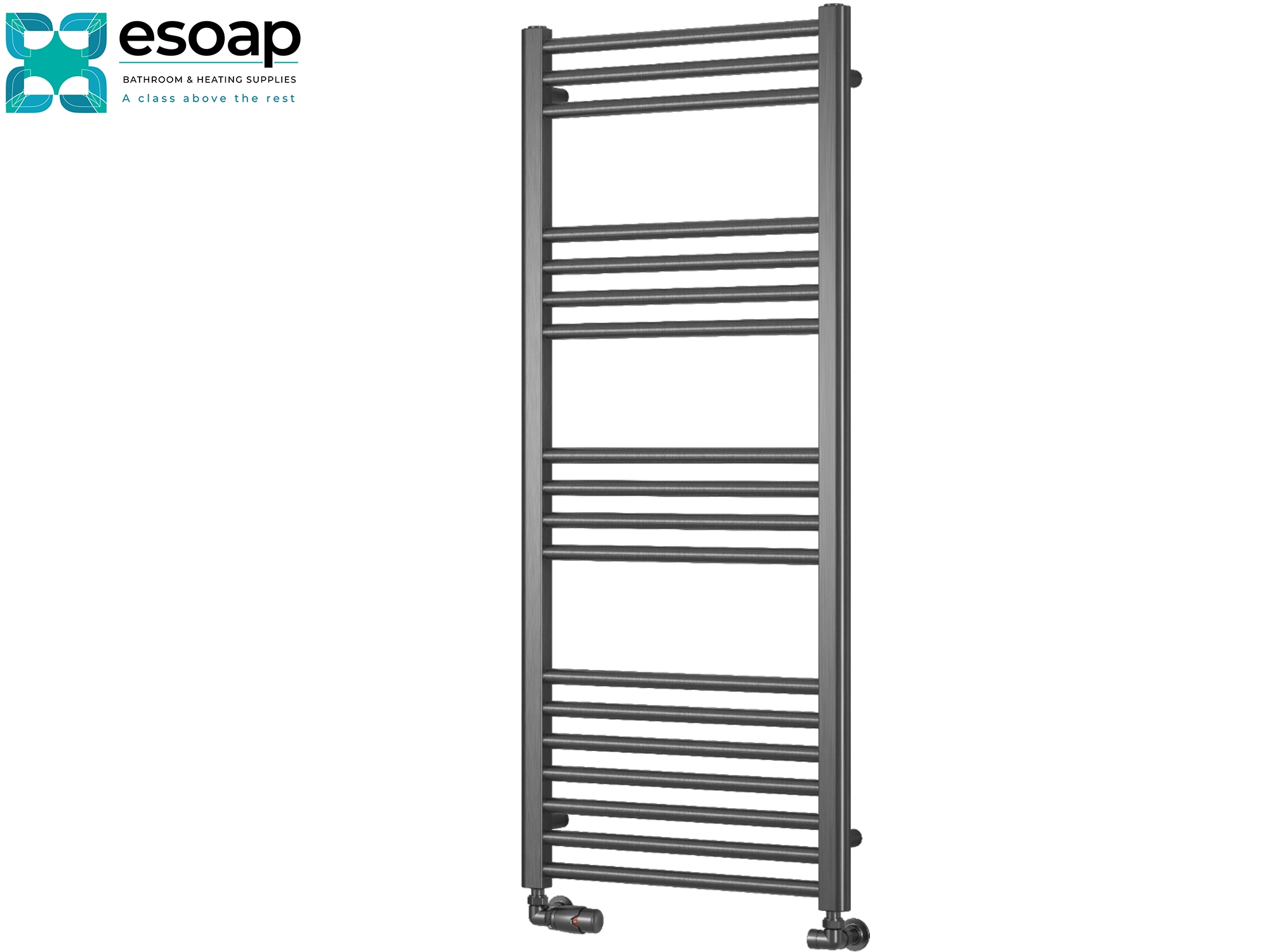 Ottone Gun Metal Towel radiator 1200  with esoap branding on a white background