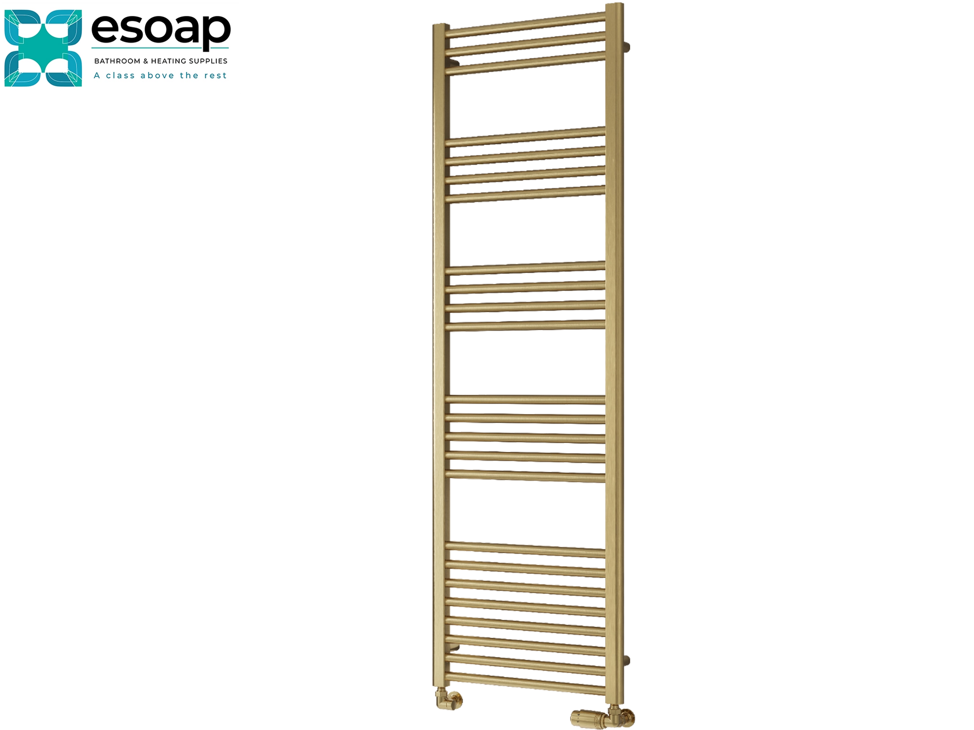 Ottone Brushed brass  towel radiator 1600 on a white background with 'es Soap' branding.