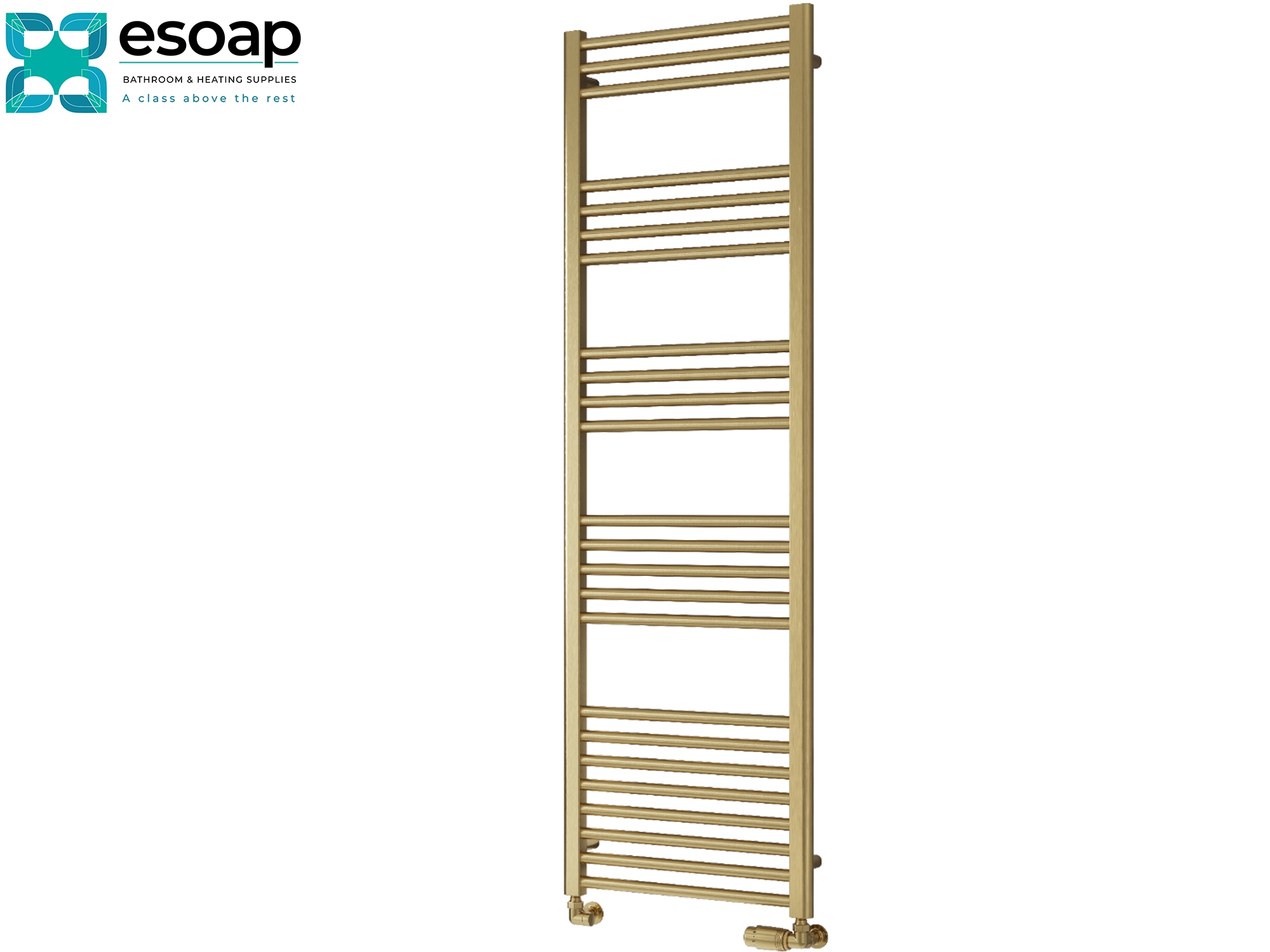 Ottone Brushed brass  towel radiator 1600 on a white background with 'es Soap' branding.