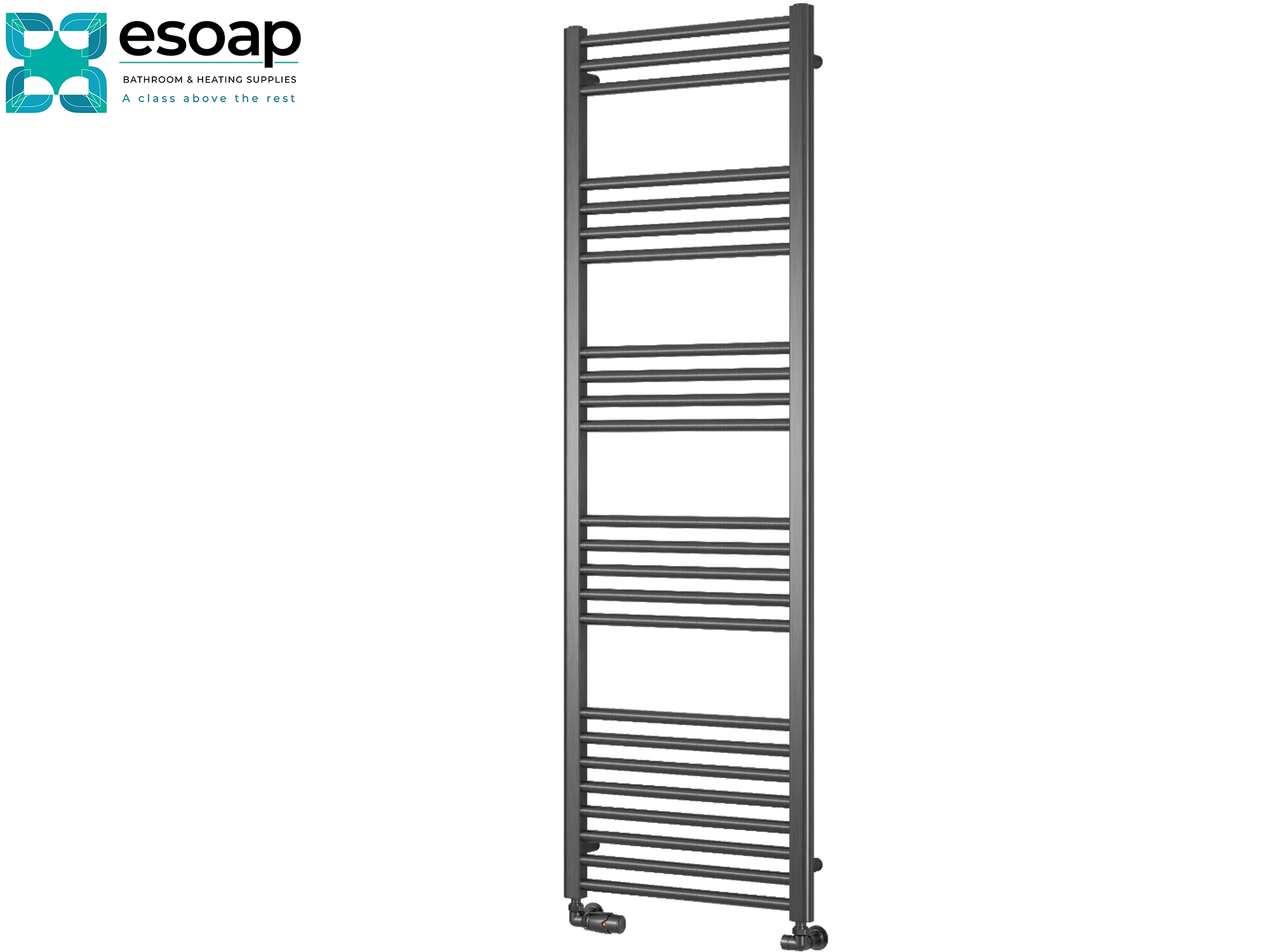 Ottone gun metal Towel radiator 1600 with esoap branding on a white background