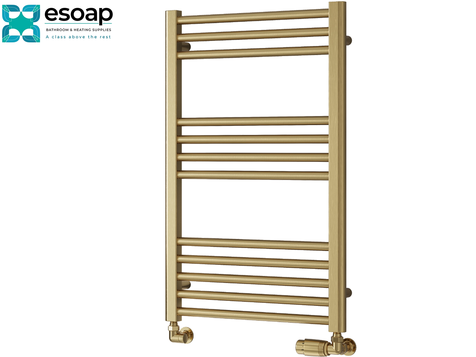 Ottone brushed brass  towel radiator 800 x 500 on a white background with Esoap branding.