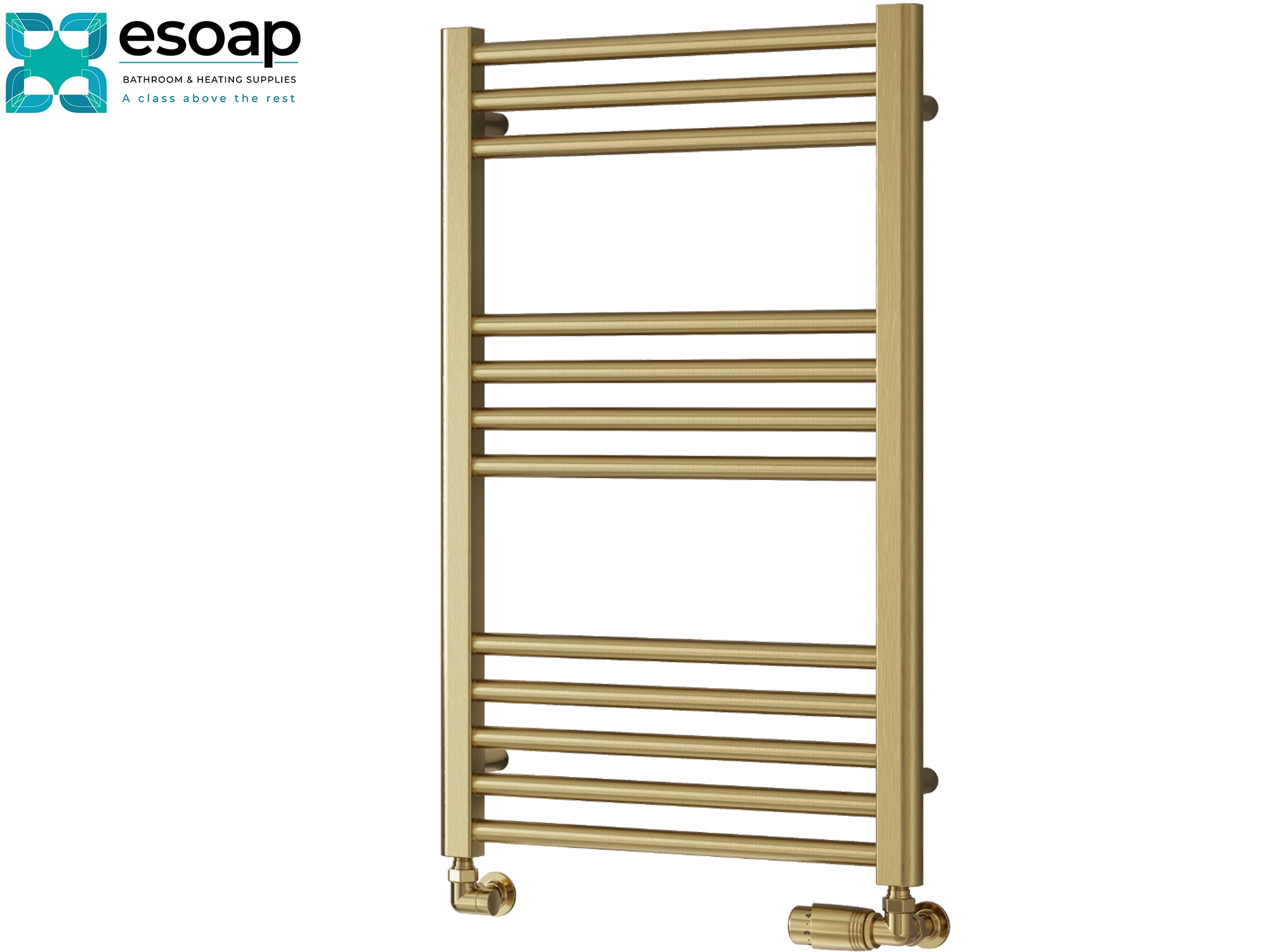 Ottone brushed brass  towel radiator 800 x 500 on a white background with Esoap branding.