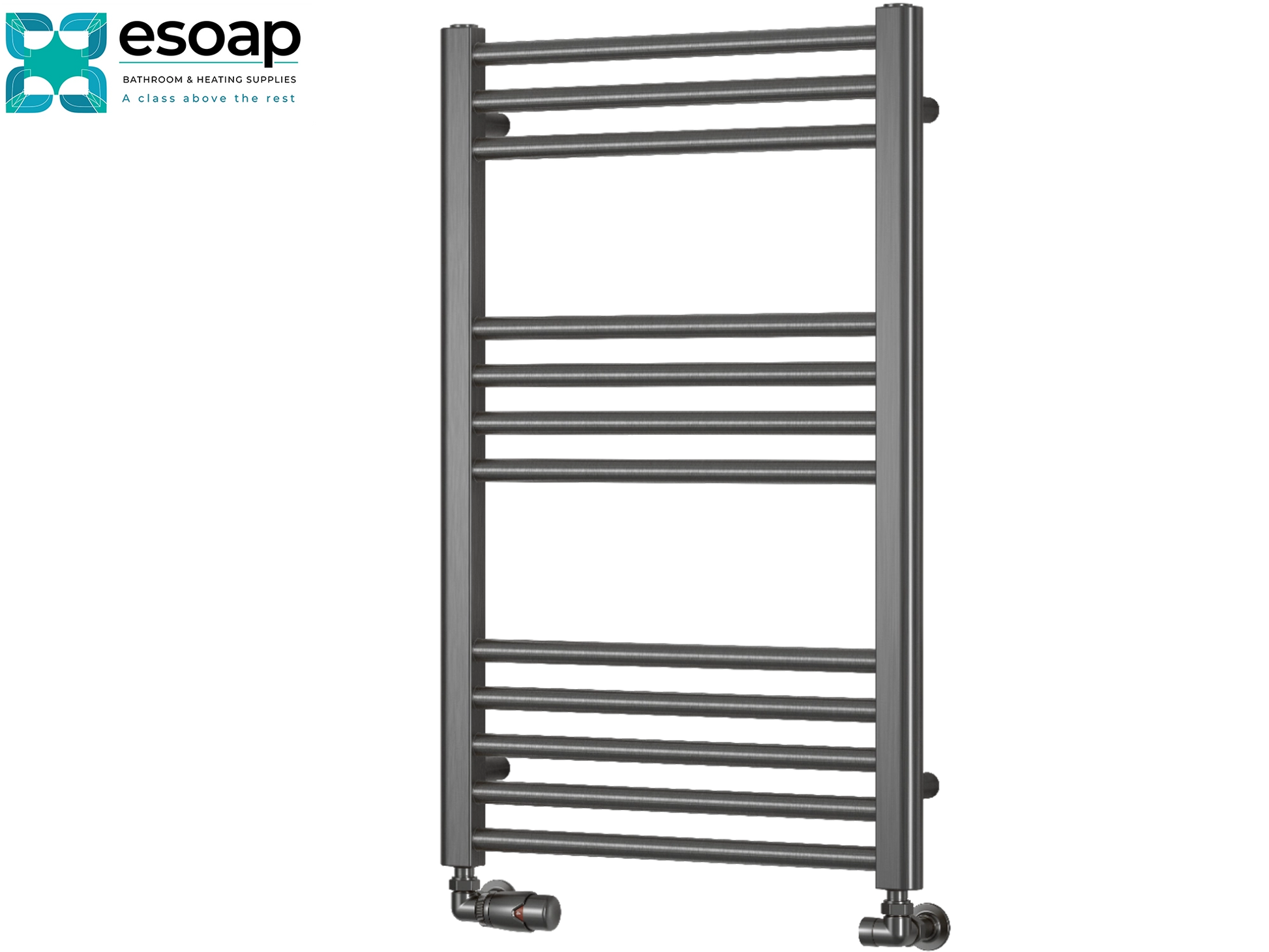 Otto Gun Metal Towel radiator 800 x 500 on a white background with 'esoap' branding.