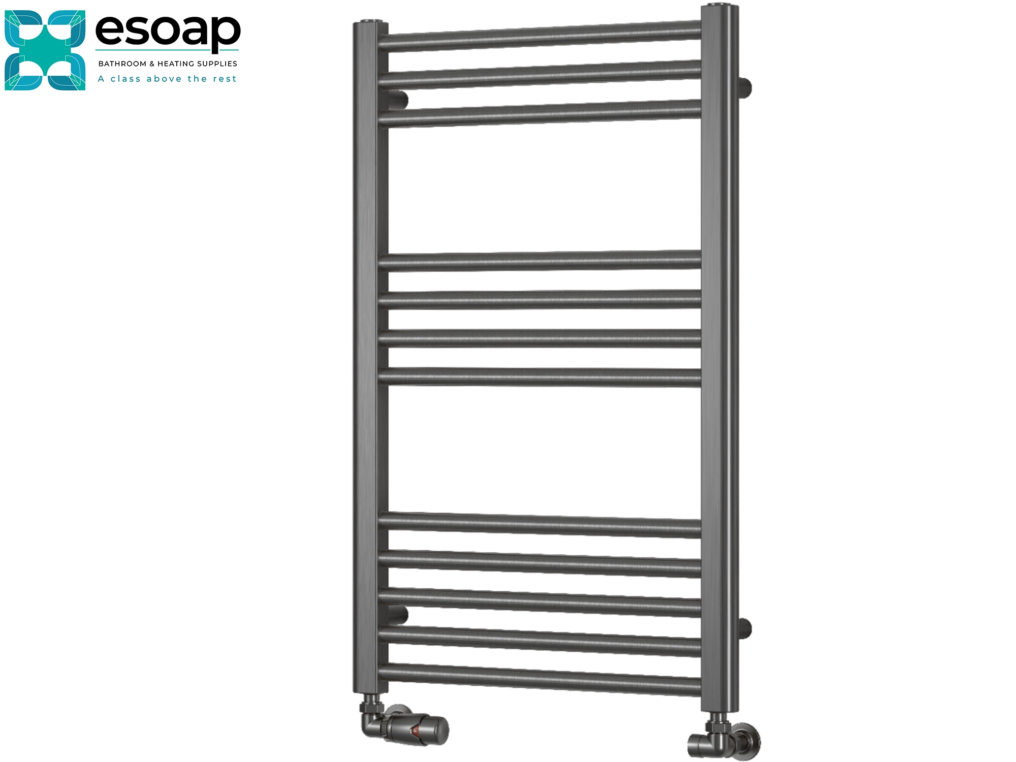 Otto Gun Metal Towel radiator 800 x 500 on a white background with 'esoap' branding.