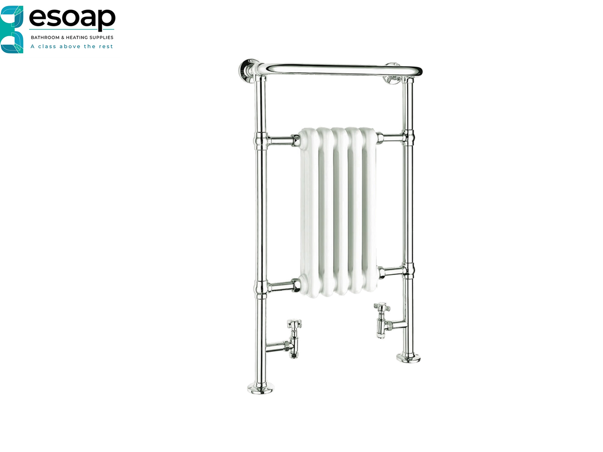 A classic white cast iron towel radiator with polished chrome-finished support bars and valves, shown on a solid white background with the Esoap logo in the top-left corner Reina Oxford 960x500 Chrome/White Designer Radiator