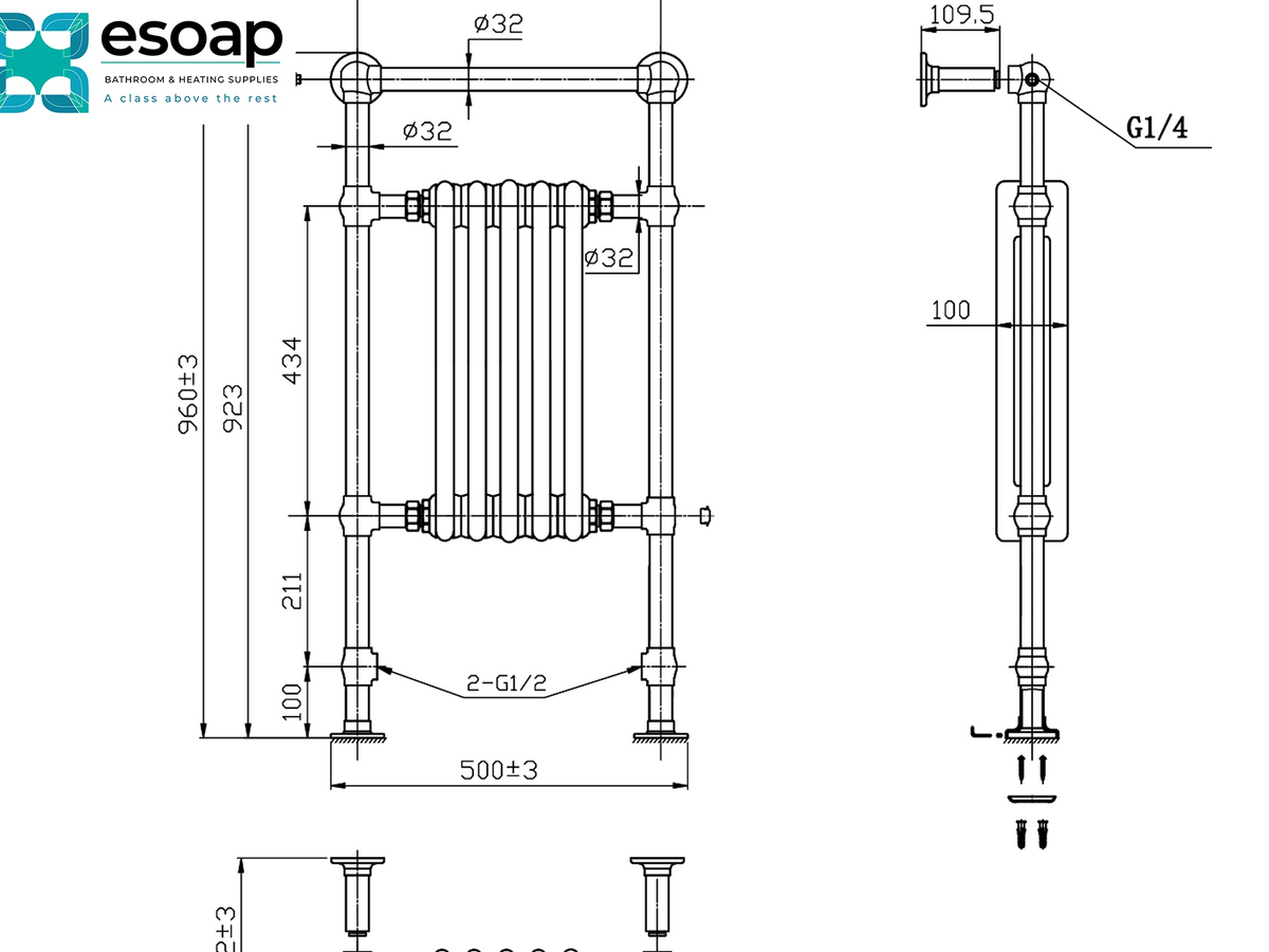 Technical dimension drawing of an Esoap radiator heater, showing front and side views with measurements, pipe connections, and mounting details on a white background Reina Oxford 960x500 Chrome/White Designer Radiator