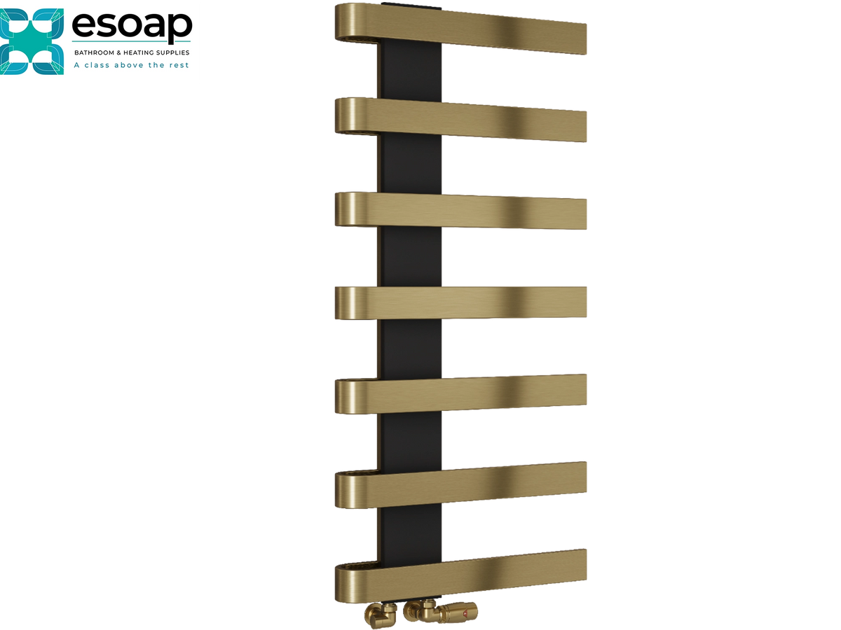 A modern vertical radiator shower rail in brushed gold with a black center stripe, shown on a plain white background with the Esoap logo in the top-left corner Reina Panaro 1100x500 Brushed Brass Designer Radiator