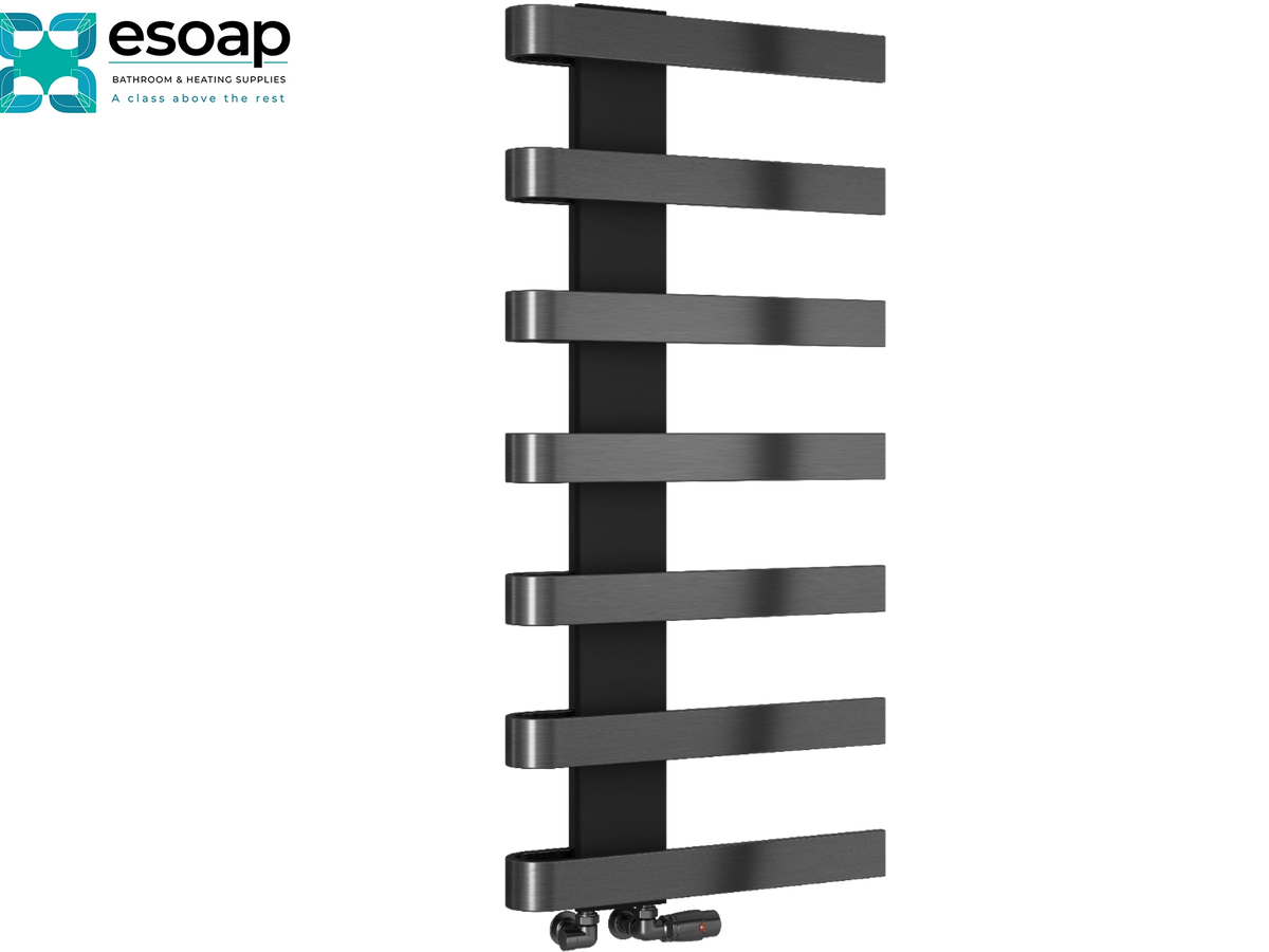 A modern black and dark gray heated towel rail with horizontal bars, shown on a plain white background with the essoap logo in the top-left corner Reina Panaro 1100x500 Brushed Gun Metal Designer Radiator