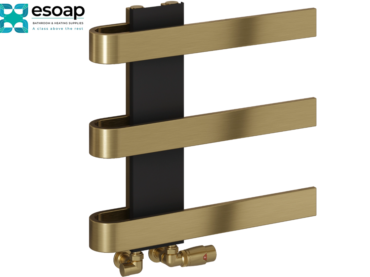 A modern three-bar radiator towel rail in brushed brass with a black vertical support, shown against a plain white background with the Esoap brand logo in the top-left corner Reina Panaro 500x500 Brushed Brass Designer Radiator