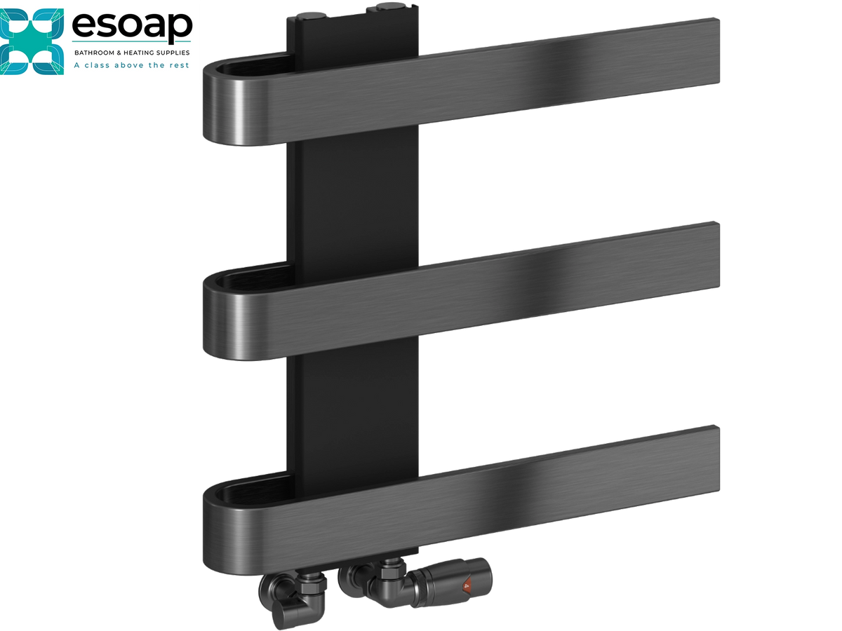 A modern wall-mounted towel rail in a dark charcoal gray brushed metal finish, featuring three horizontal bars mounted on a central vertical bracket. The Essoap brand logo is visible in the top-left corner Reina Panaro 500x500 Brushed Gun Metal Designer Radiator