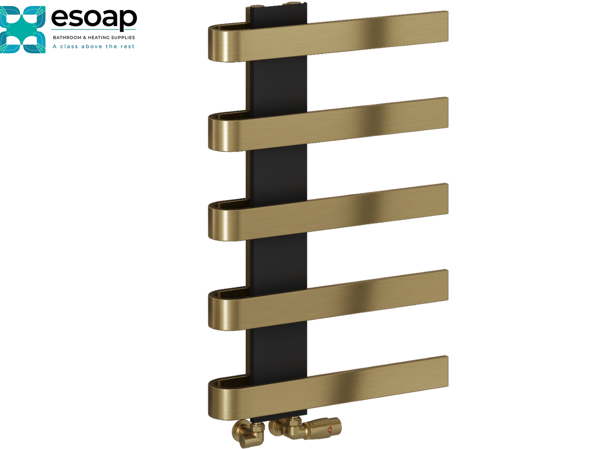 A modern five-bar radiator cover in a brushed gold finish with a black vertical support bar, shown on a white background with the Esoap brand logo in the top-left corner Reina Panaro 800x500 Brushed Brass Designer Radiator