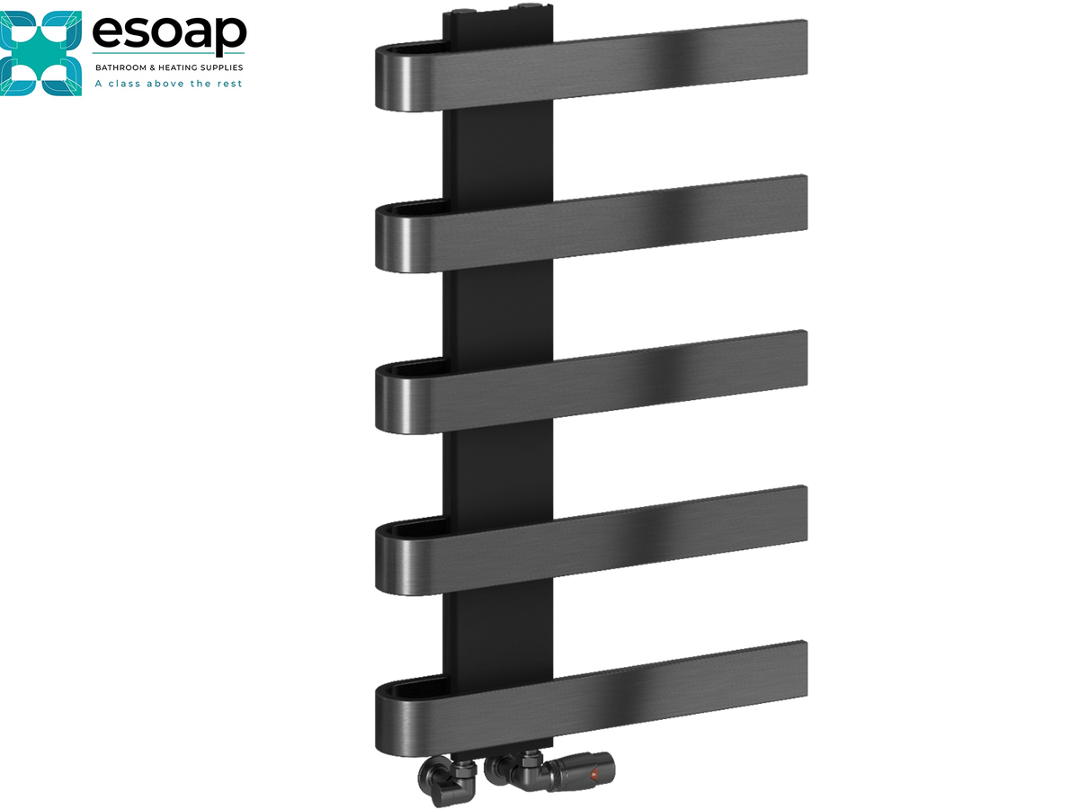 A dark gray metallic ladder-style towel radiator with five horizontal bars, shown on a plain white background with the Esoap logo in the top-left corner Reina Panaro 800x500 Brushed Gun Metal Designer Radiator