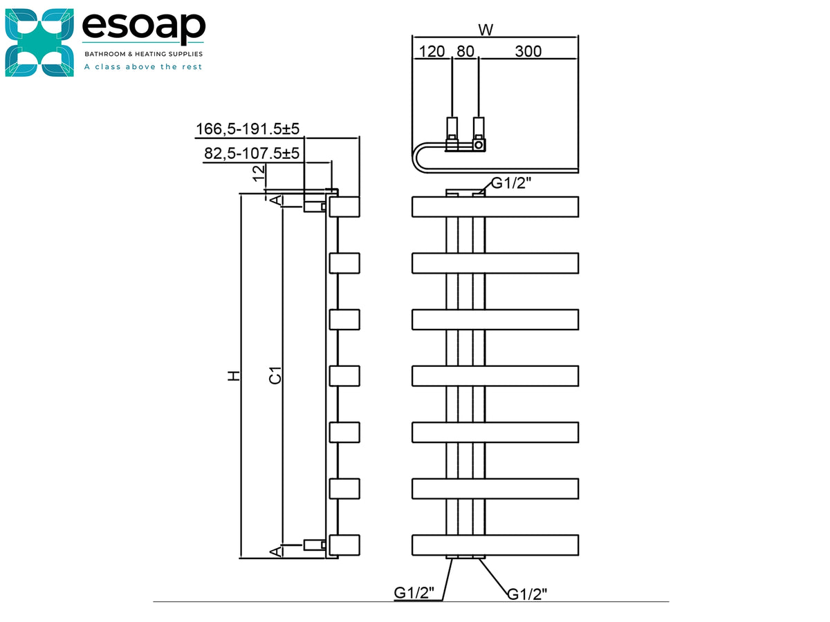 Technical dimension drawing of a wall-mounted rectangular light fixture by esoap, showing front, side, and top views with measurements and labels such as H, C1, W, and G1/2".Reina Panaro  Designer Radiator