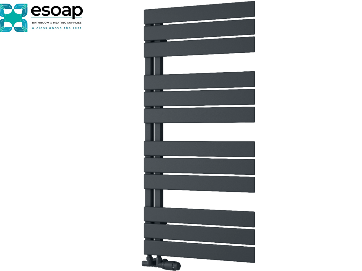 A dark gray heated towel radiator with horizontal slats, shown on a plain white background with the Esoap brand logo in the top-left corner Reina Pettino 1124x550 Anthracite Designer Radiator