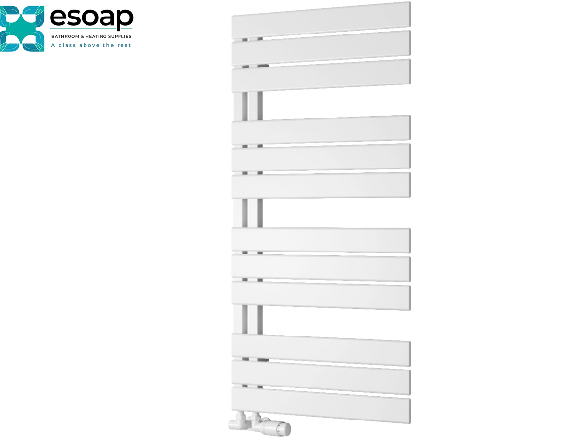 White heated towel rail with horizontal bars and a chrome support frame, shown on a plain white background with the essoap logo in the top-left corner Reina Pettino 1124x550 White Designer Radiator