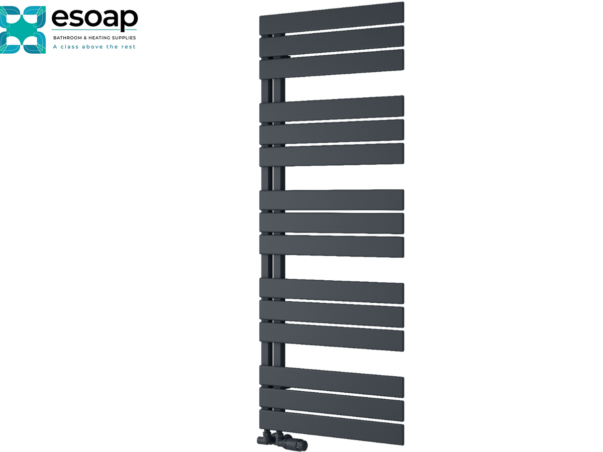 A dark gray heated towel rail with horizontal bars, shown on a plain white background with the Esoap logo in the top-left corner Reina Pettino 1424x550 Anthracite Designer Radiator
