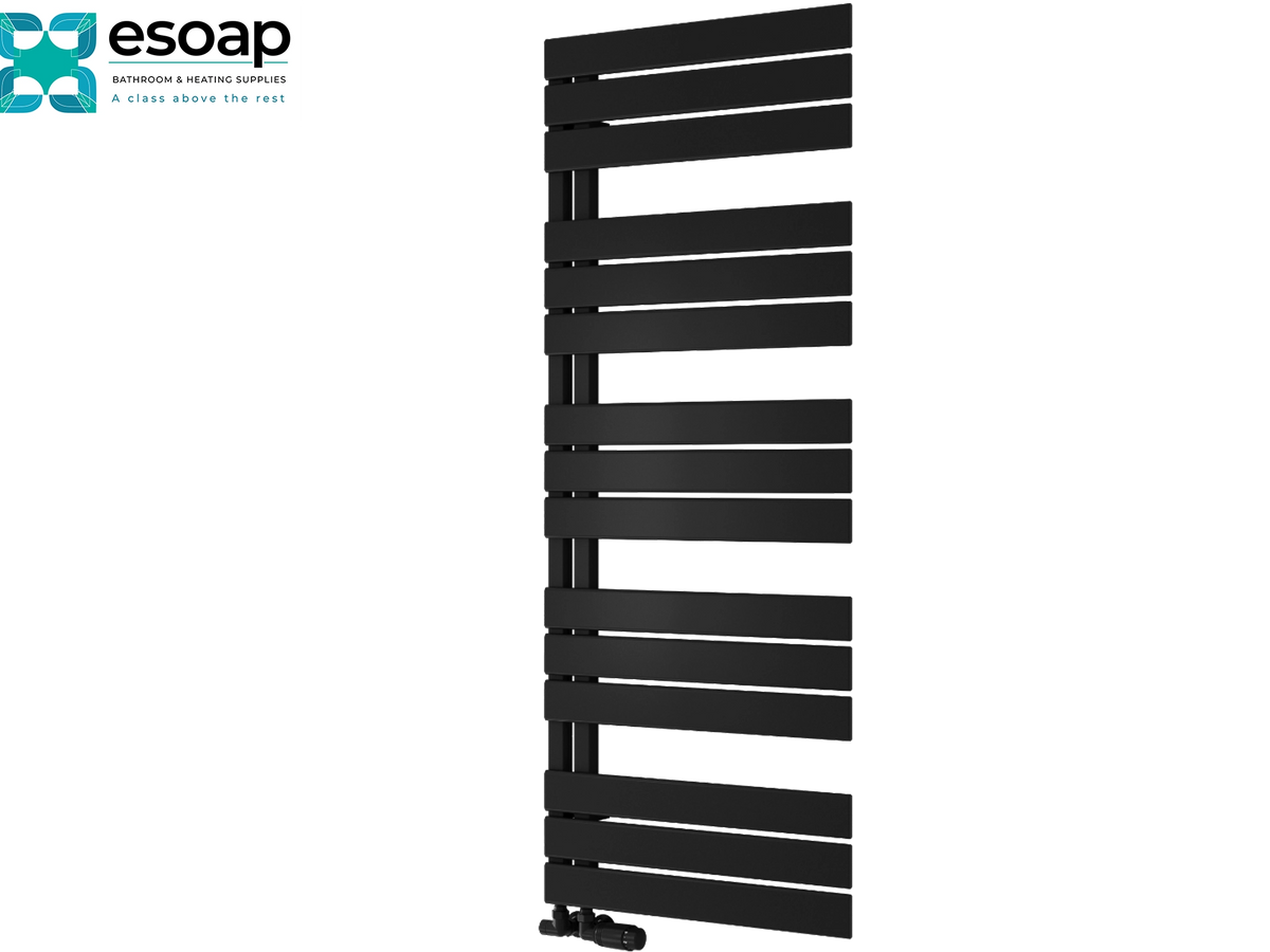A tall black heated towel rail with horizontal bars, shown on a plain white background. The Esoap brand logo is visible in the top-left corner Reina Pettino 1424x550 Black Designer Radiator