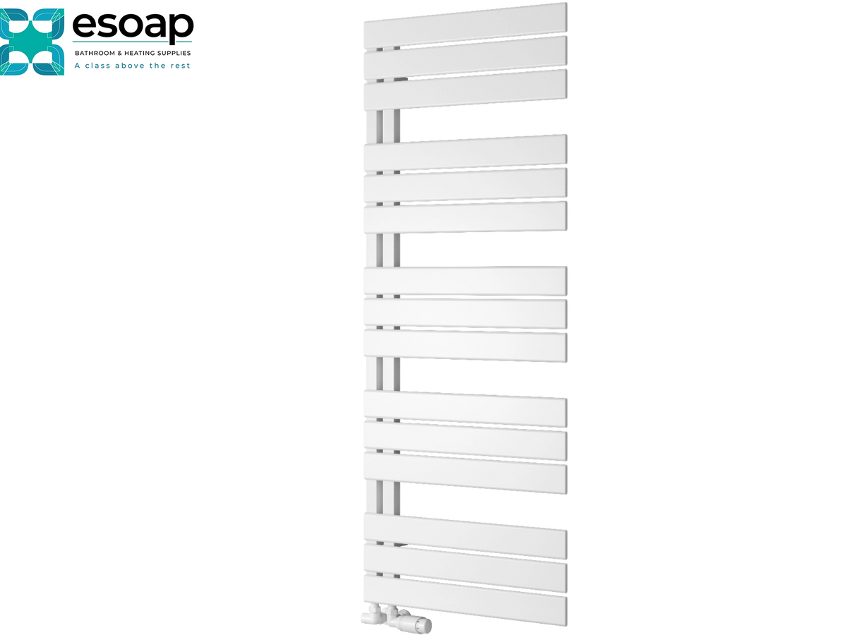 White heated towel rail radiator with horizontal bars, shown on a white background with the Esoap logo in the top-left corner Reina Pettino 1424x550 White Designer Radiator