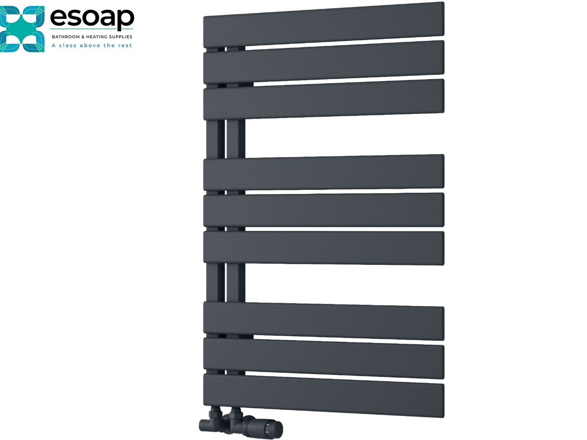 A dark gray heated towel radiator with horizontal bars, shown from a three-quarters angle on a white background with the Esoap logo in the top-left corner Reina Pettino 823x550 Anthracite Designer Radiator
