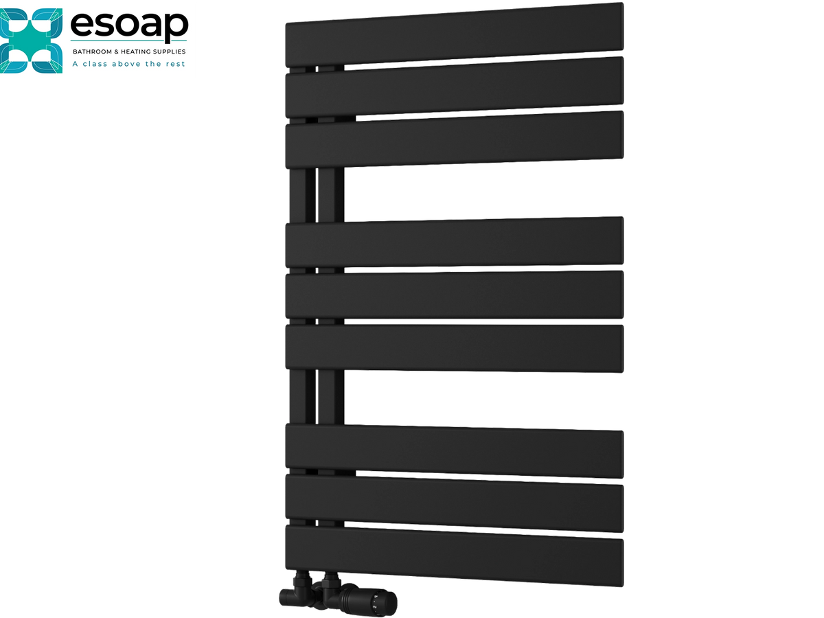A black heated towel rail with horizontal bars, shown against a plain white background with the Esoap brand logo in the top-left corner Reina Pettino 823x550 Black Designer Radiator