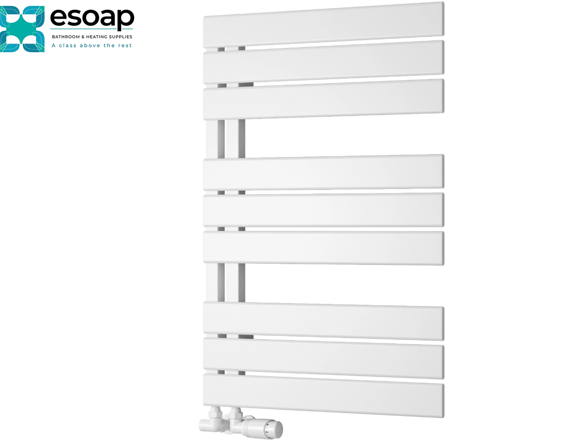 White heated towel rail radiator with horizontal bars and a top and bottom mounting bracket, shown on a white background with the essoap logo in the top-left corner Reina Pettino 823x550 White Designer Radiator
