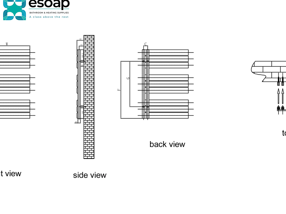 Technical line drawing showing multiple views of a wall-mounted soap dispenser or dispenser assembly, including front, side, back, and cross-section views, with the Esoap logo at the top left Reina Pettino 1424x550 White Designer Radiator