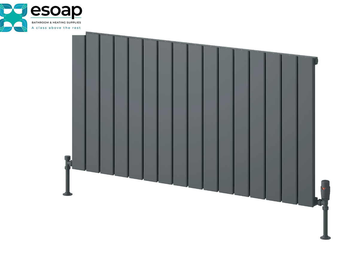 A dark gray panel radiator shown at an angle on a white background, with the Esoap logo in the top-left corner. Reina Piatto Horizontal Single 600x1195 Anthracite Designer Radiator