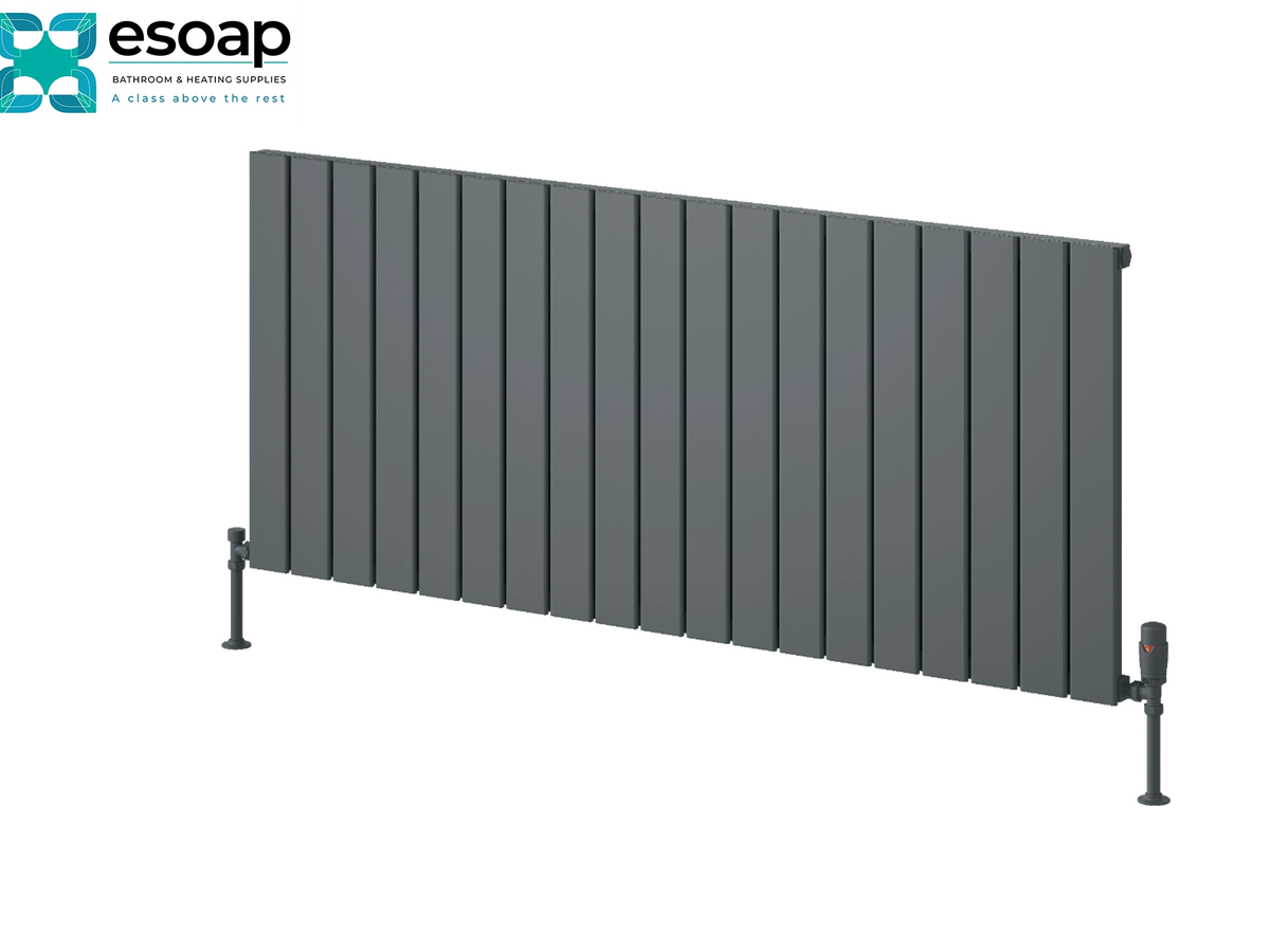 A dark gray panel radiator shown at an angle on a white background, with the Esoap logo in the top-left corner. Reina Piatto Horizontal Single 600x1420 Anthracite Designer Radiator
