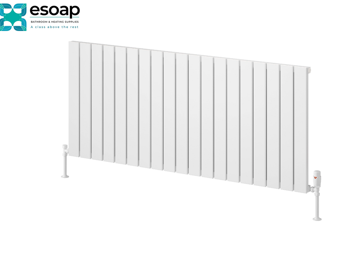A white panel radiator shown at an angle on a clean white background, with the Esoap logo in the top-left corner. Reina Piatto Horizontal Single 600x1420 White Designer Radiator